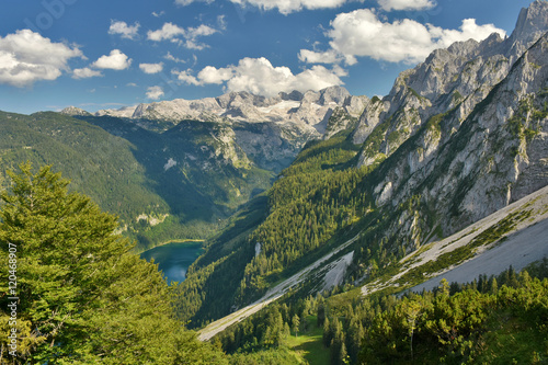 View from Gosaukamm cable car into Gosau valley with Gosau Lake and Dachstein mountain range