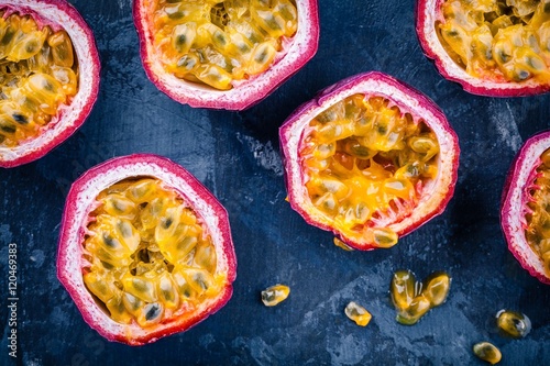 ripe organic passion fruit. above view photo