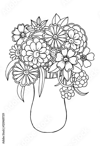 Vector doodle floral illustrated in black and white. Bouquet of flowers in a vase