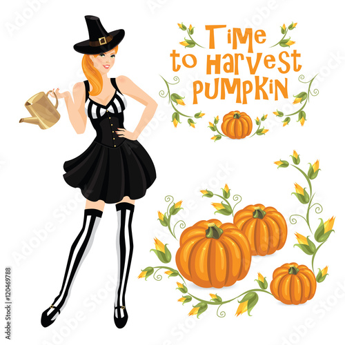 Vector illustration of redhead girl in witch costume holding watering pot in her hand. Pumpkin isolated on white background