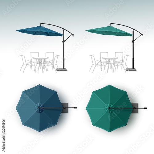 Vector Set of Blue Green Blank Patio Outdoor Beach Cafe Bar Pub Lounge Restaurant Round Umbrella Parasol for Branding Top Side View Mock up Close up Isolated on White Background