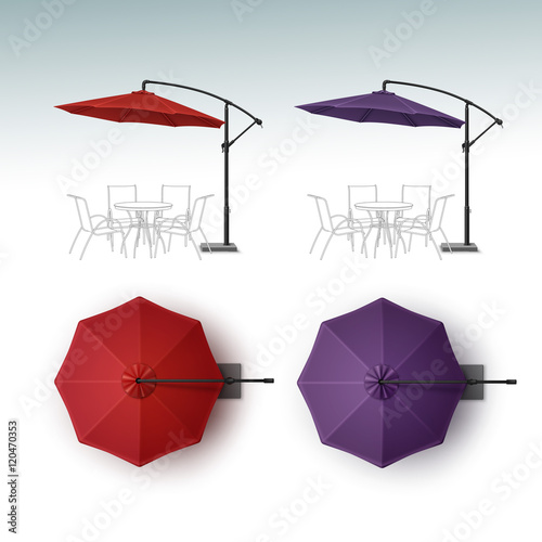 Vector Set of Red Violet Purple Blank Patio Outdoor Beach Cafe Bar Pub Lounge Restaurant Round Umbrella Parasol for Branding Top Side View Mock up Close up Isolated on White Background