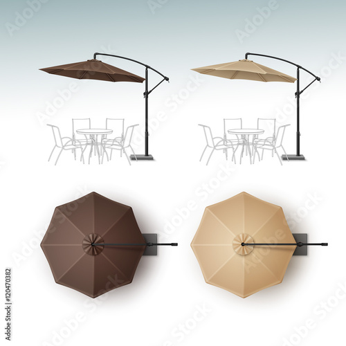 Vector Set of Brown Beige Blank Patio Outdoor Beach Cafe Bar Pub Lounge Restaurant Round Umbrella Parasol for Branding Top Side View Mock up Close up Isolated on White Background