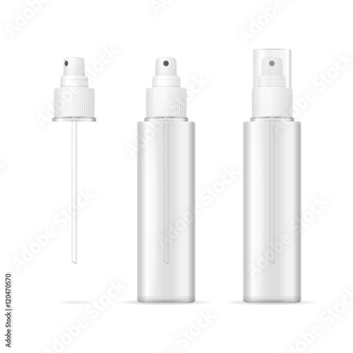 Transparent Plastic Bottle Spray Cosmetic Container. Vector