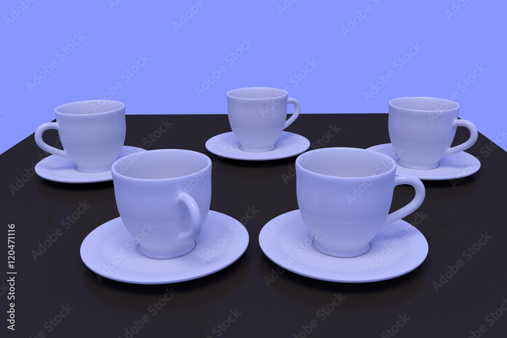 weiße Kaffeetassen mit Untertasse auf einer dunklen, spiegelnden Fläche mit hellblauem Hintergrund weiße Kaffeetassen mit Untertasse auf einer dunklen, spiegelnden Fläche mit hellblauem Hintergrund