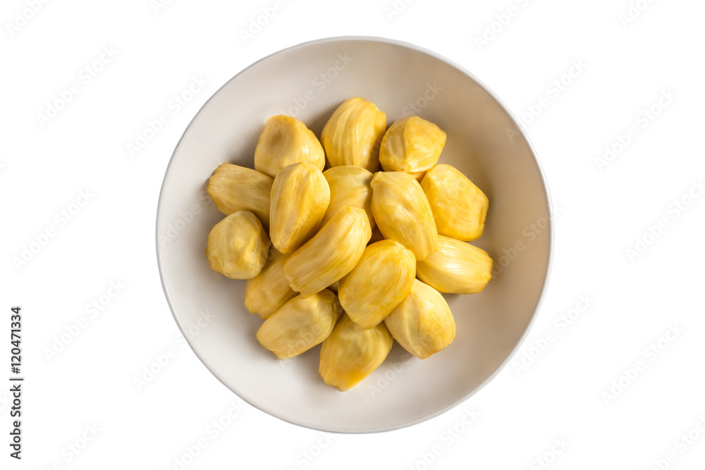Fresh ripe Jackfruit ready to eat in white plate with isolated o
