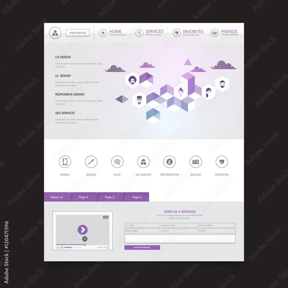 Website template with abstract low poly background. Vector Design.


