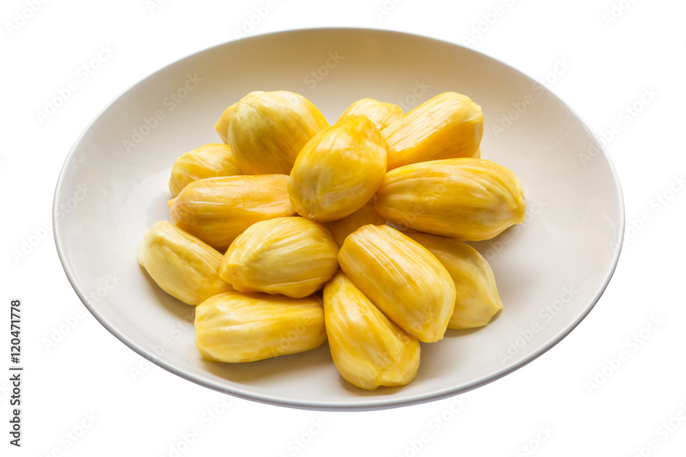 Fresh ripe Jackfruit ready to eat in white plate with isolated o Fresh ripe Jackfruit ready to eat in white plate with isolated o