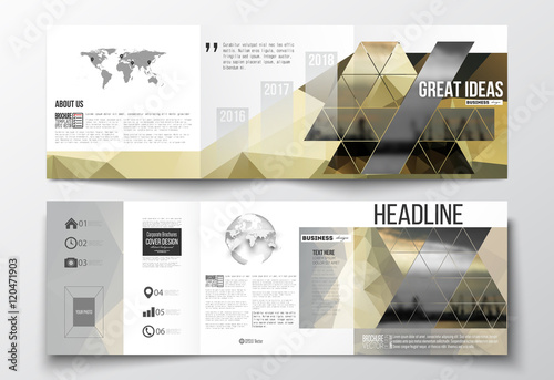 Set of tri-fold brochures, square design templates . Colorful polygonal background with blurred image, seaport landscape, modern stylish triangular vector texture.