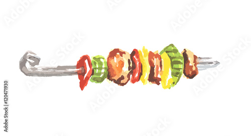 Watercolor isolated kebab on white background. Grilled meat with vegetables on a skewer. Fresh and tasty food for outdoor restaurants or cafe.