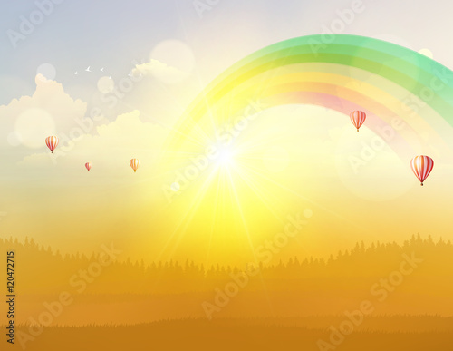 Autumn Fantasy Vector Landscape Background, Sunset and hot air ballons on cloudy sky.

