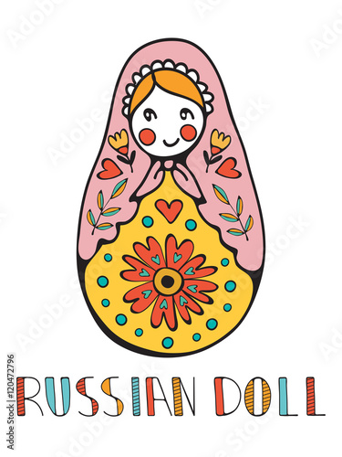 Colorful card with cute russian doll
