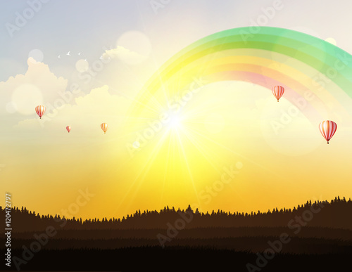 Fantasy Vector Landscape Background, Sunset and hot air ballons on cloudy sky.

