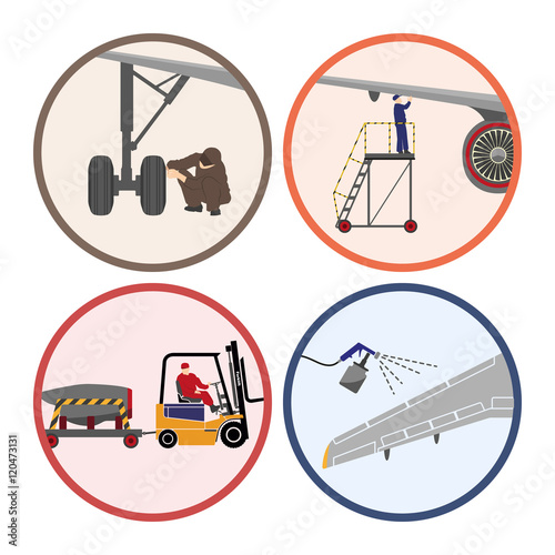 Set of images . Mechanic repairing an airplane. Repair and maint