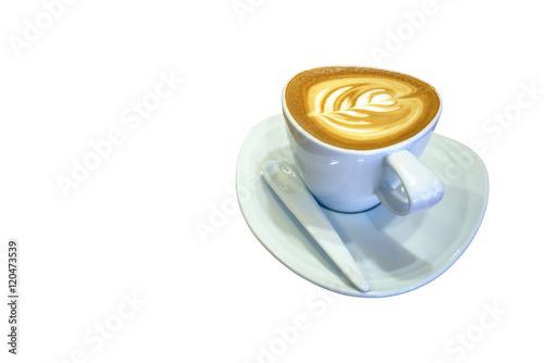 latte art coffee in modern ceramic cup, With isolated on white background and copy space.