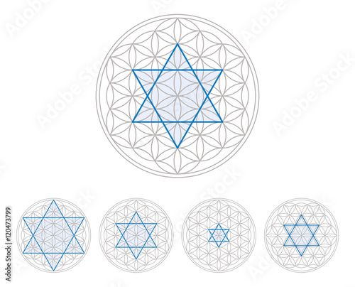 Blue hexagram in Flower of Life, a geometrical figure, composed of multiple evenly-spaced, overlapping circles, forming a flower-like pattern. Hexagram, six-pointed geometric star figure. Illustration