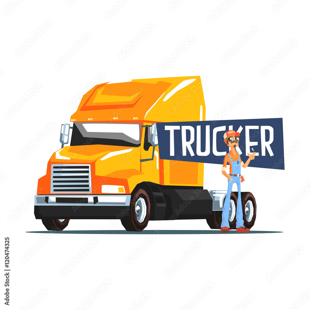 Trucker Standing Next To Heavy Yellow Long-Distance Truck