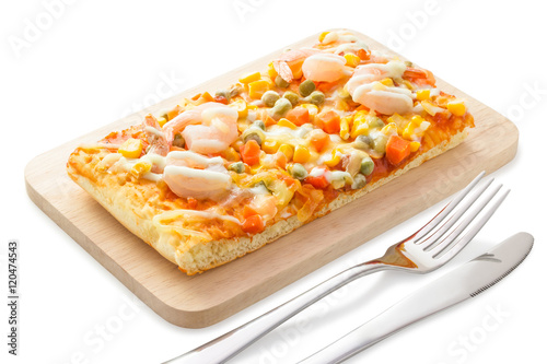 Homemade delicious fresh a slice of pizza on wooden plate.