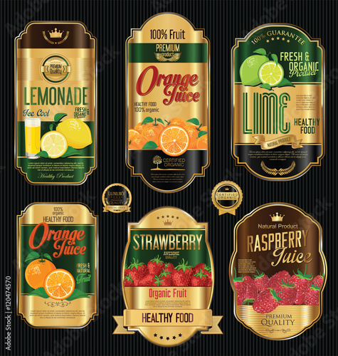 Set of organic fruit retro vintage golden labels collection