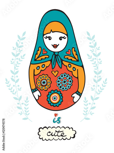 Colorful card with cute russian doll