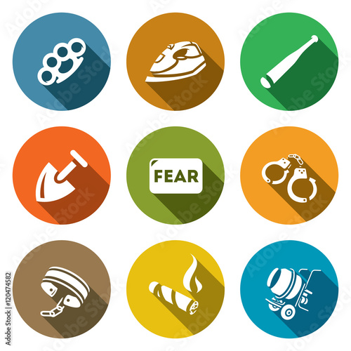 Vector Set of Slavery Icons. Beatings, Torture, Threat, Servitude, Fear, Captivity, Shackles, Cigar, Construction.