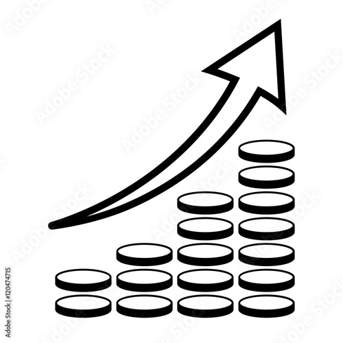 Vertical bar graph, diagram representing growth icon. Arrow graph going up over stacks of coins. Vector illustration