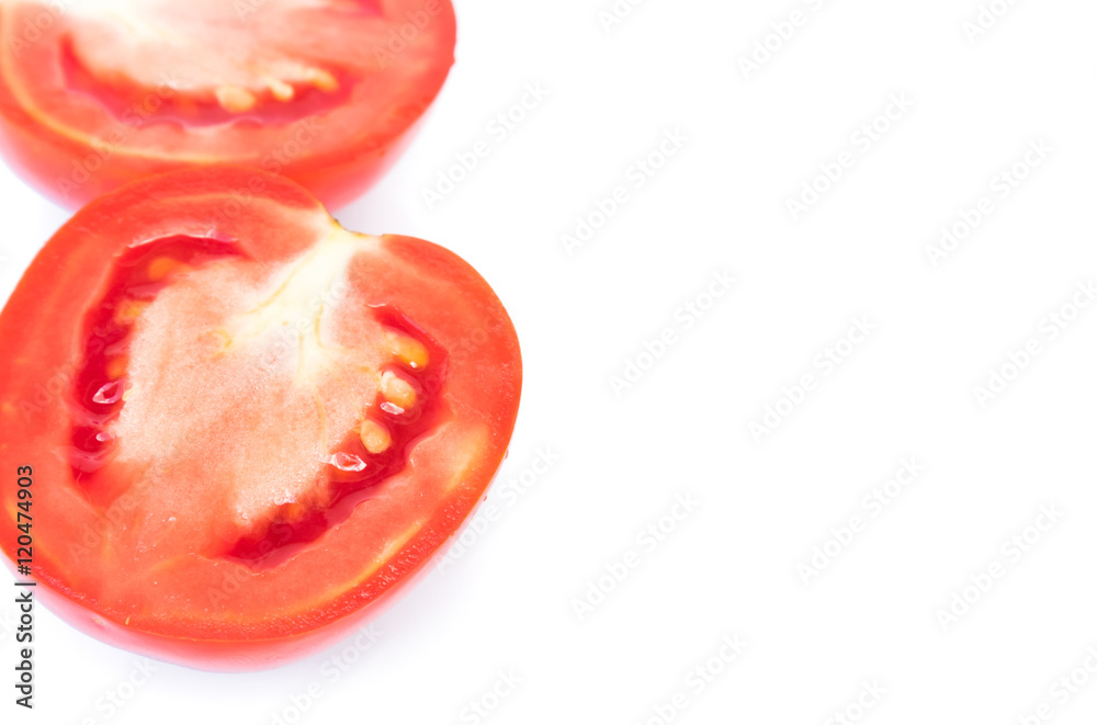 Closeup fresh red tomatoes on white background, food and vegetab Closeup fresh red tomatoes on white background, food and vegetab