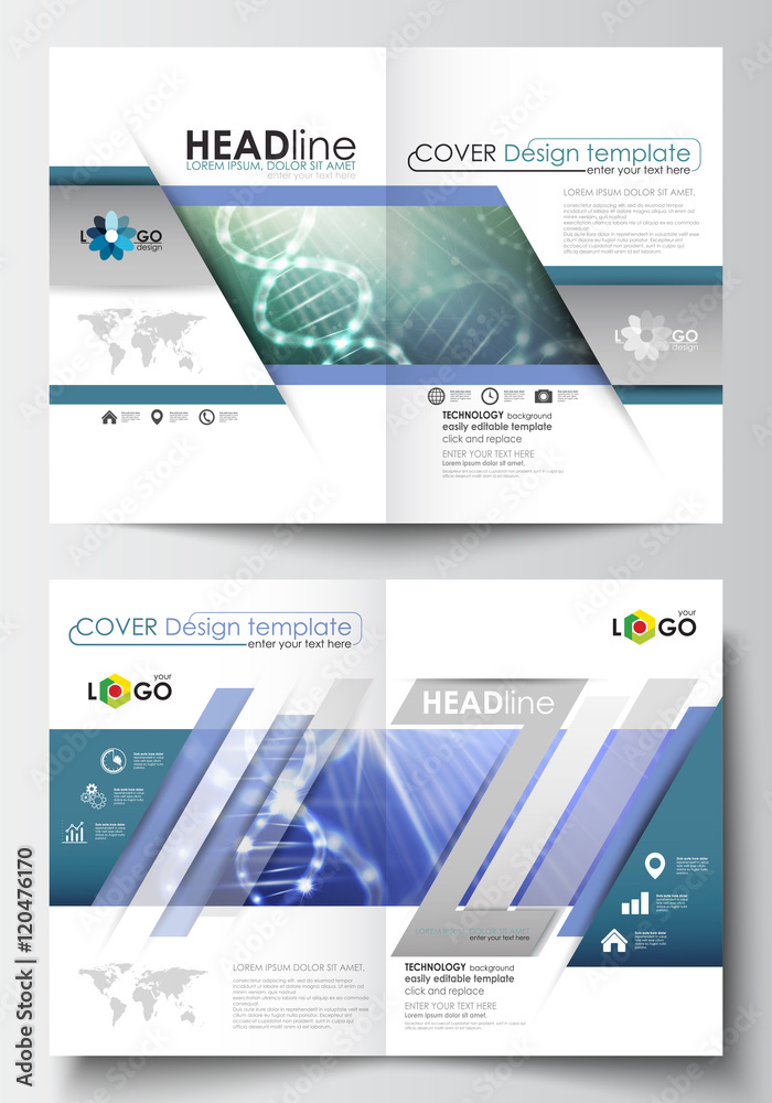 Templates for brochure, magazine, flyer, booklet. Cover design template, easy editable flat layout in A4 size. DNA molecule structure, science background. Scientific research, medical technology.