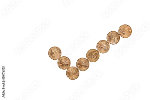 Check mark made of coins. Isolated on white photo