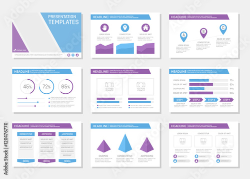 Set of blue and violet template for multipurpose presentation slides. Leaflet, annual report, book cover design.