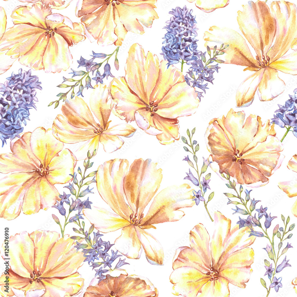 Watercolor summer floral seamless pattern with yellow tulips and hyacinth. Fresh bright flowers in the beautiful repeated print for the textile, wallpapers, wrapping paper.