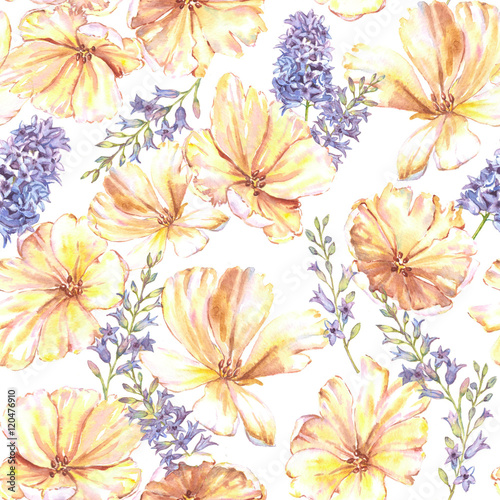 Watercolor summer floral seamless pattern with yellow tulips and hyacinth. Fresh bright flowers in the beautiful repeated print for the textile, wallpapers, wrapping paper.