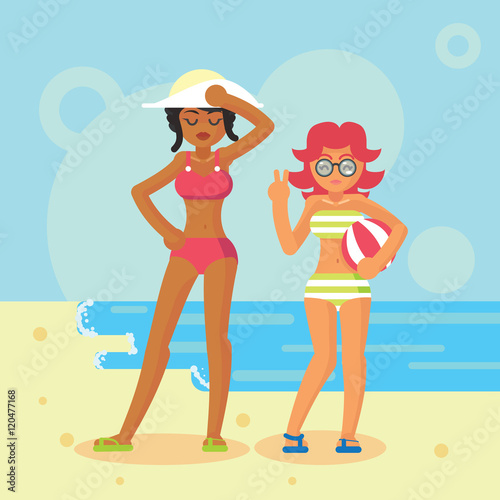 Two Girls on Beach Design Funny flat cartoon vector illustration
