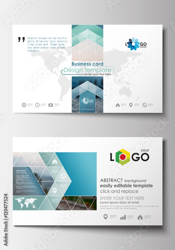 Business card templates. Flat design blue color travel decoration layout, easy editable vector template, colorful blurred natural landscape.