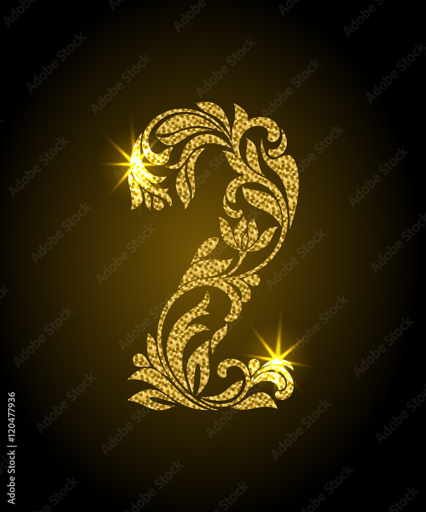 Fototapeta premium 2. Decorative Font with swirls and floral elements. Ornate decorated digit two with golden glitter