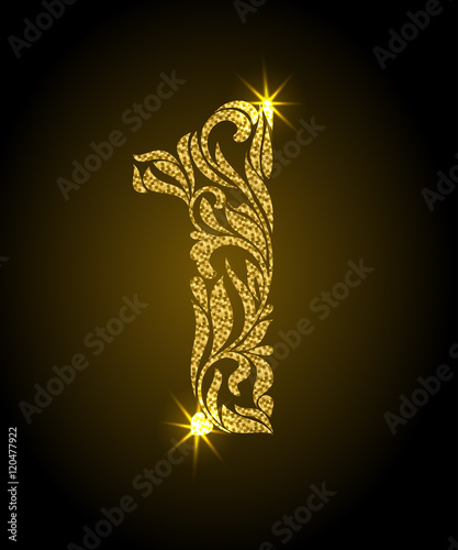 1. Decorative Font with swirls and floral elements. Ornate decorated digit one with golden glitter