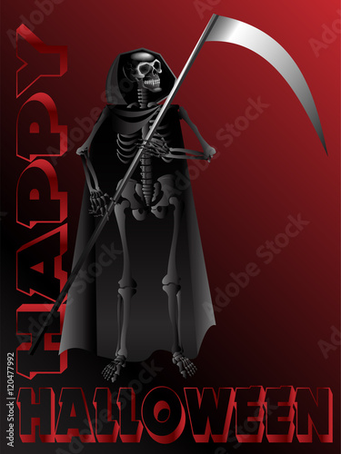 Human skeleton with a scythe ,Happy Halloween.In red on a red gradient background.For Wallpapers ,postcards,posters and so on.Vector illustration.