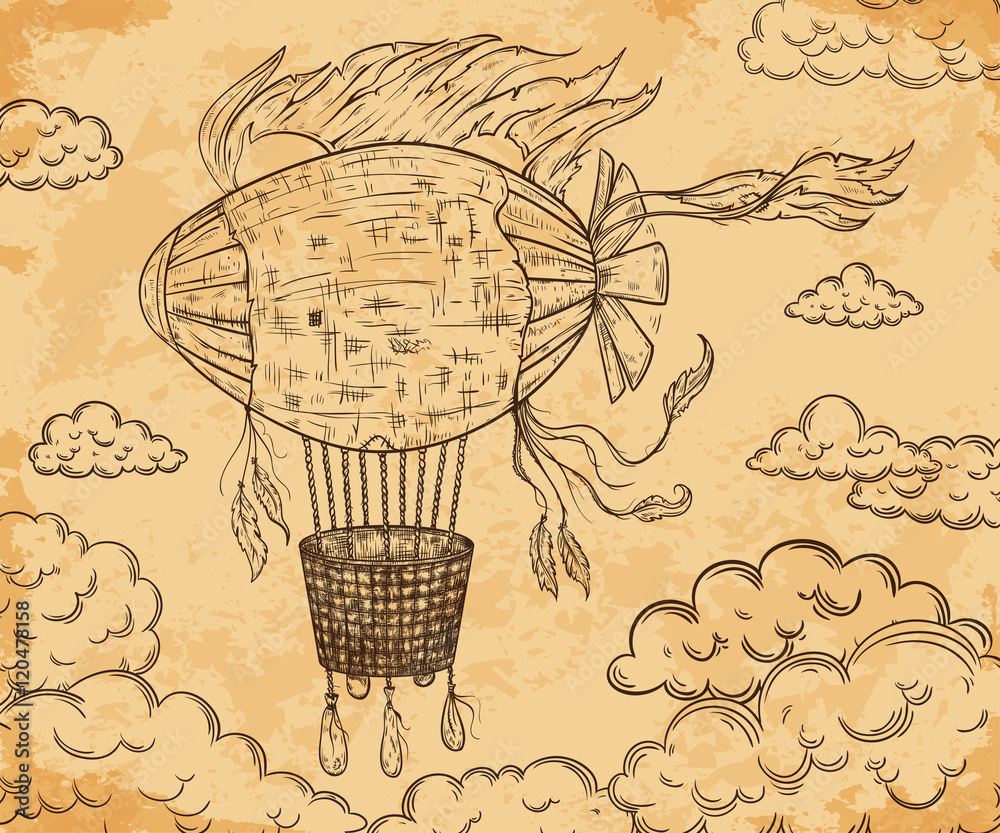 Naklejka premium Vintage airship with ribbon and clouds on aged paper background. Cartoon steampunk styled flying airship. Retro vector hand drawn illustration.