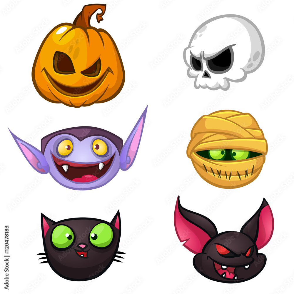 Halloween characters icon set. Cartoon heads of pumpkin, death, vampire, mummy, witch cat, bat Halloween characters icon set. Cartoon heads of pumpkin, death, vampire, mummy, witch cat, bat