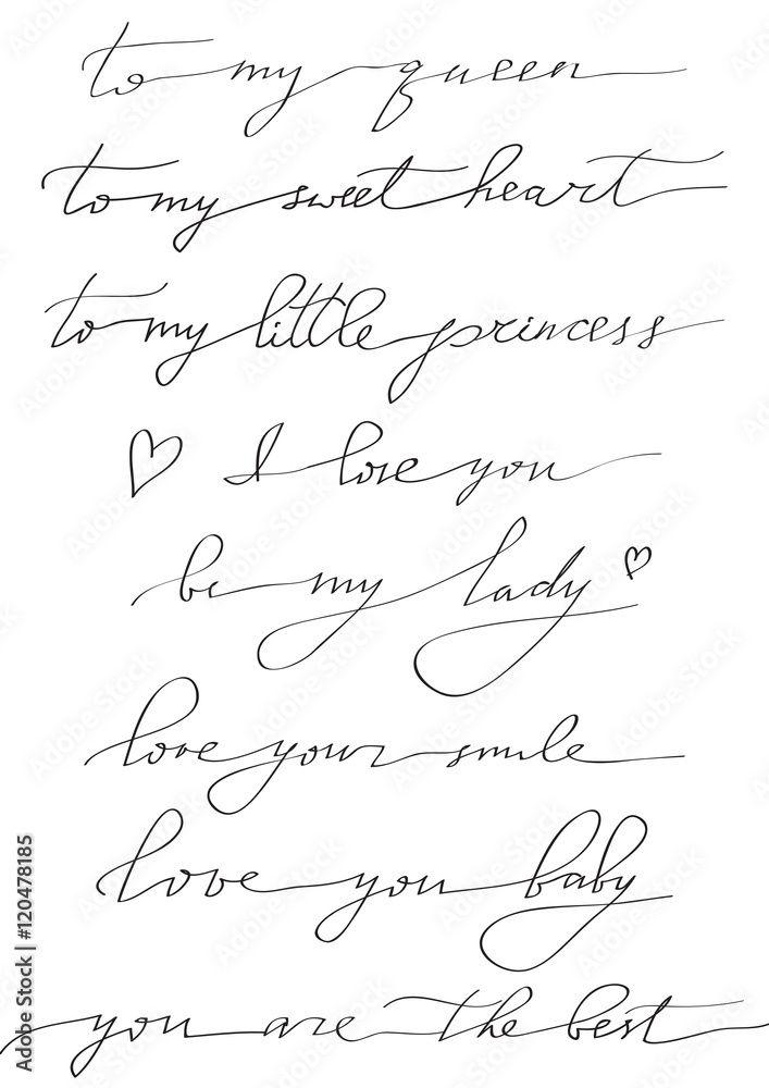 Hand written calligraphy, phrases about love, ink illustration