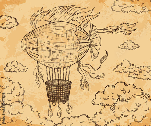 Vintage airship with ribbon and clouds on aged paper background. Cartoon steampunk styled flying airship. Retro vector hand drawn illustration.