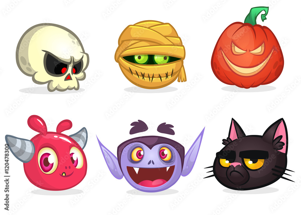 Halloween characters icon set. Cartoon heads of skull, mummy, pumpkin head, pink monster, vampire, witch cat Halloween characters icon set. Cartoon heads of skull, mummy, pumpkin head, pink monster, vampire, witch cat