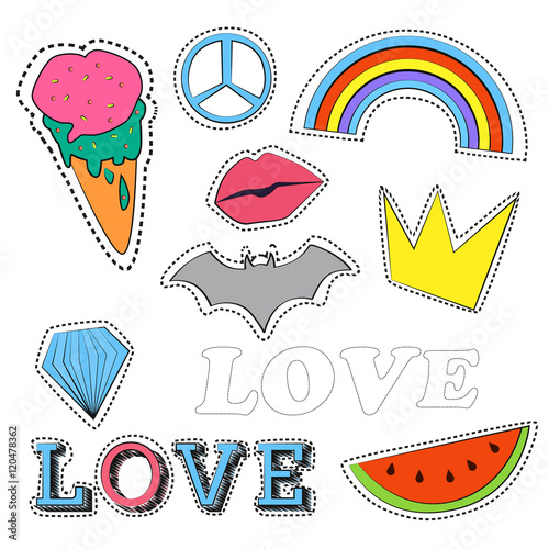 set of quirky cartoon patch badges or fashion pin photo