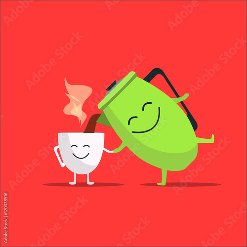 Funny cup of coffee and   pot. Friend forever. Vector illustration. Comic character