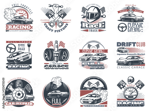 Obraz na plátně Set of car racing colored emblems, labels and championship race badges