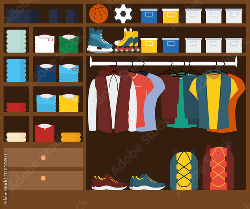 Male wardrobe .muzhskaya clothes in the closet , sporty style . photo