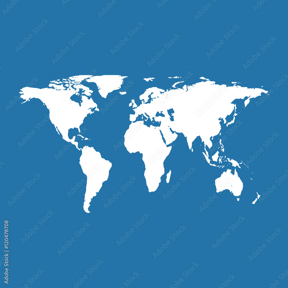 World map on blue background. Vector Illustration