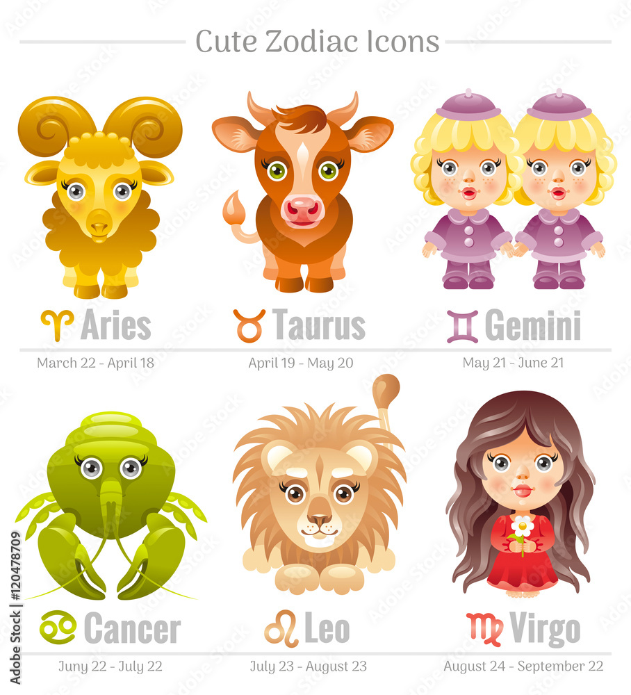 Zodiac astrological signs icon set. Cute cartoon characters. Abstract  template Aries, Leo, Taurus, Virgo, Gemini, Cancer, vector icons. Horoscope  modern illustration. Isolated on white background. Stock Vector | Adobe  Stock