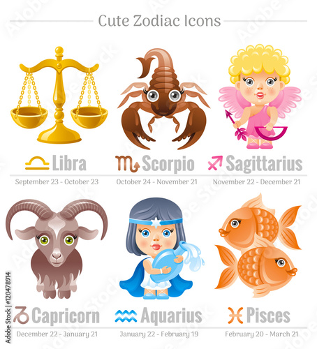 Zodiac astrological signs icon set. Cute cartoon characters. Abstract template Sagittarius, Capricorn, Libra, Aquarius, Scorpio, Pisces vector icons. Horoscope modern illustration. White background