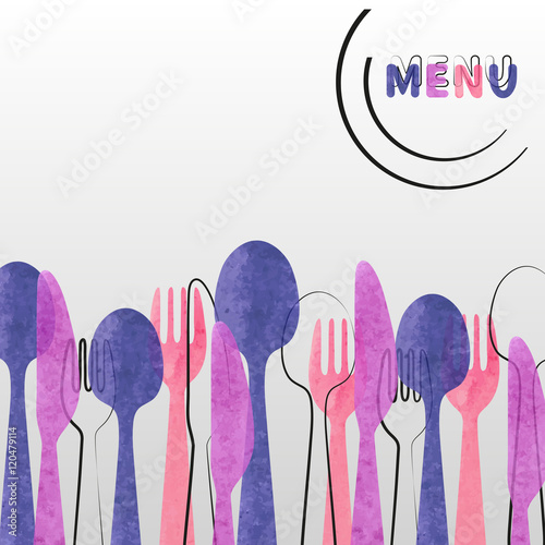 Restaurant menu card design. Vector brochure template with watercolor cutlery - spoon, fork and knife. 